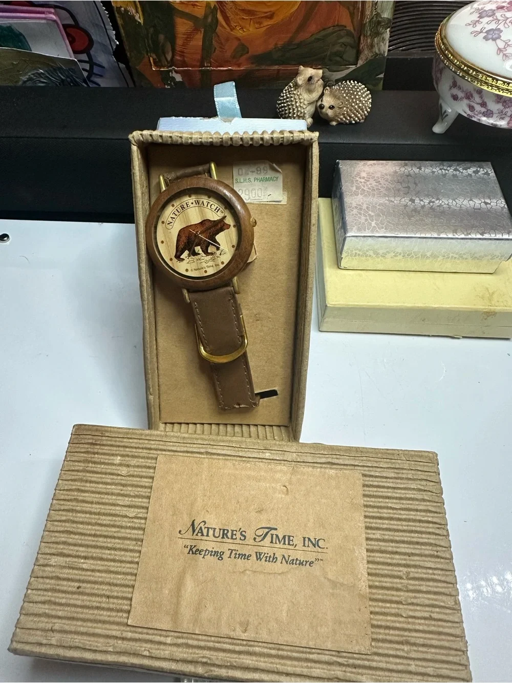 VINTAGE Nature's Time Men's Brown Leather Bear Dial Watch
